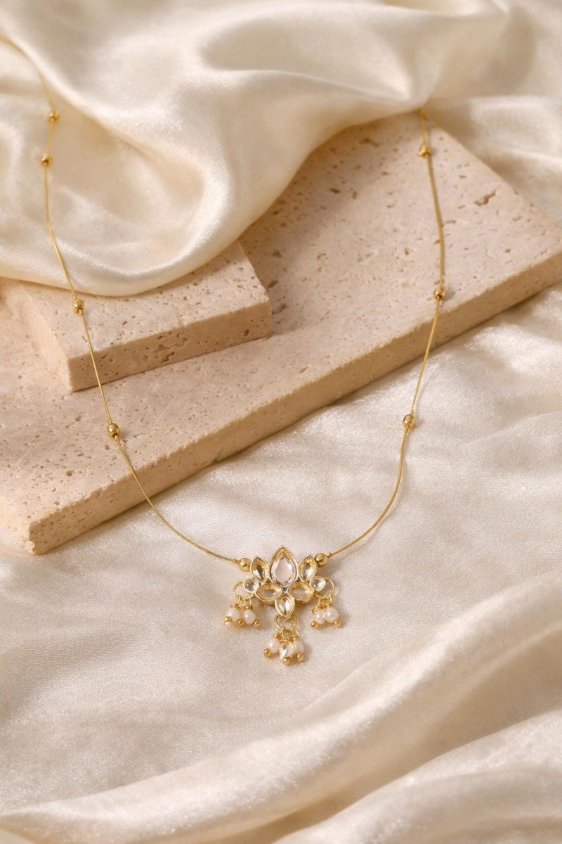 Lotus Kundan Pearl Pendant Necklace | Gold Ethnic Minimal Necklace | Kashmiri Style Lotus Flower Pearl Pendant | Elegant Traditional Jewelry