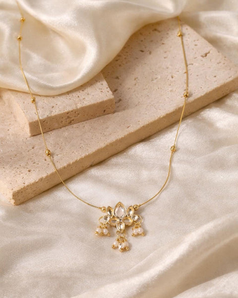 Lotus Kundan Pearl Pendant Necklace | Gold Ethnic Minimal Necklace | Kashmiri Style Lotus Flower Pearl Pendant | Elegant Traditional Jewelry