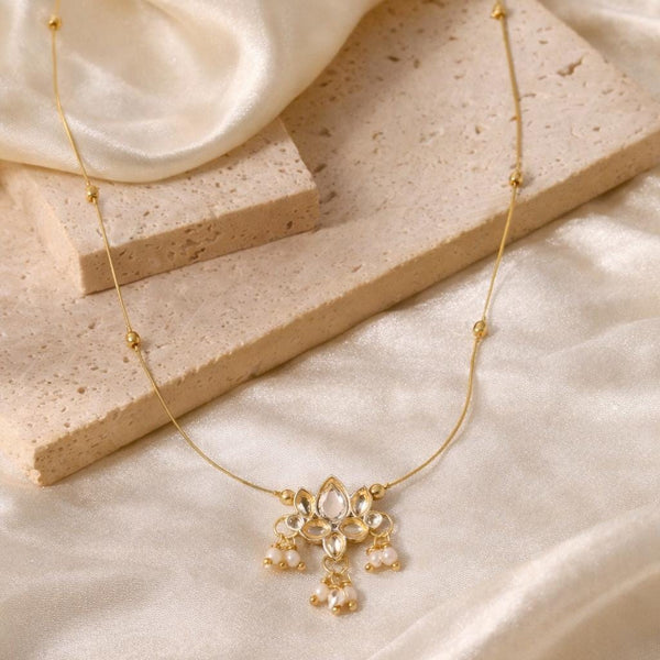 Lotus Kundan Pearl Pendant Necklace | Gold Ethnic Minimal Necklace | Kashmiri Style Lotus Flower Pearl Pendant | Elegant Traditional Jewelry