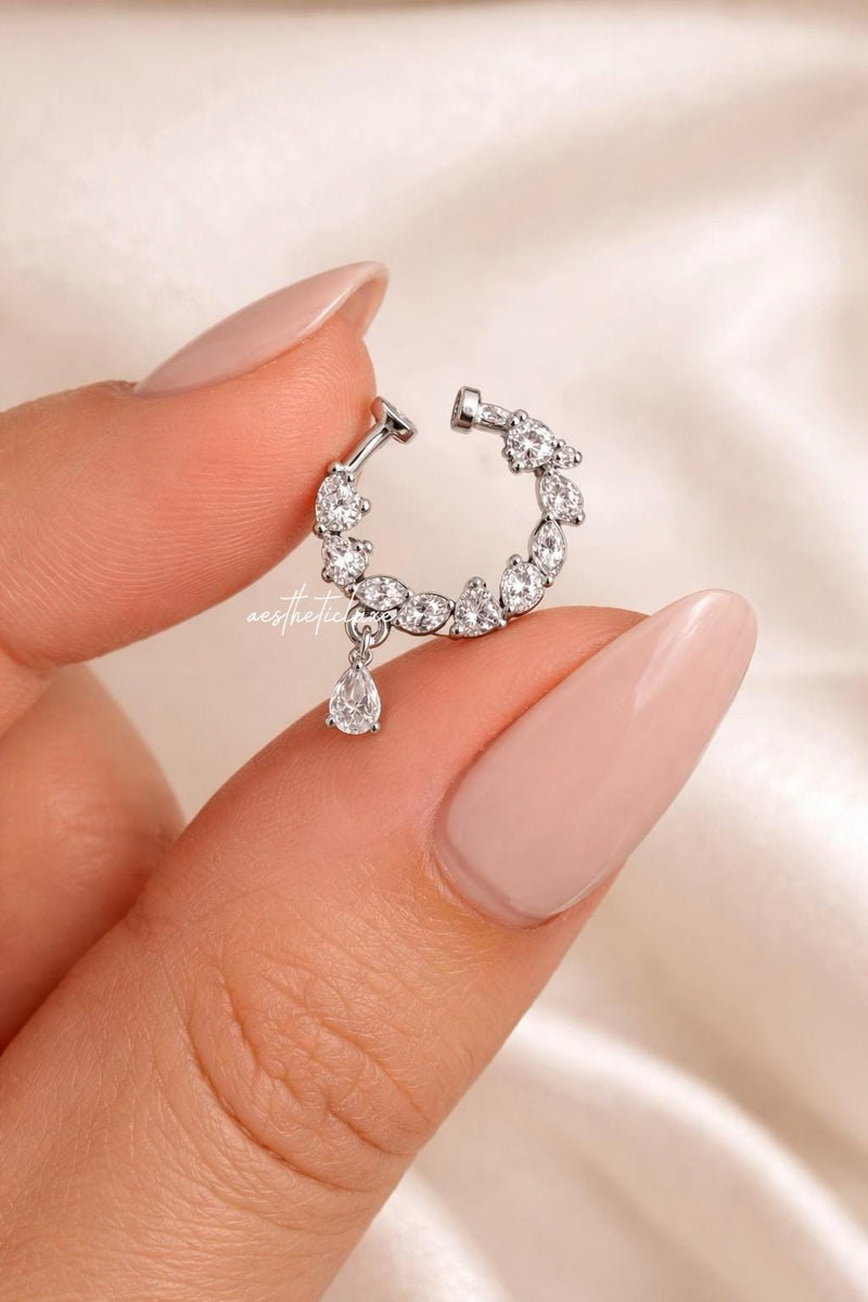 Teardrop AD CZ Nose Ring | Non Piercing Nose Ring | Indian Bridal Nath | Silver and Gold Plated Bridal Nose Ring | Minimal Elegant Nose Ring