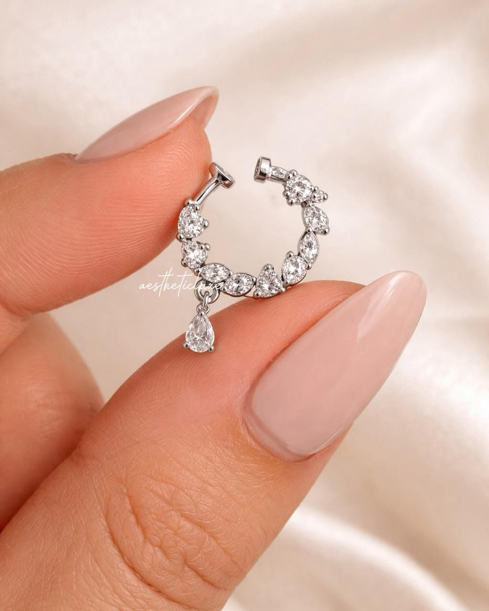 Teardrop AD CZ Nose Ring | Non Piercing Nose Ring | Indian Bridal Nath | Silver and Gold Plated Bridal Nose Ring | Minimal Elegant Nose Ring