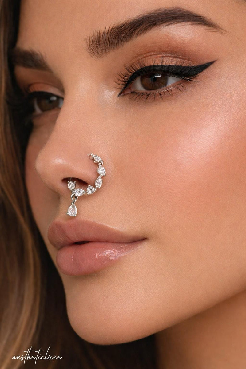Teardrop AD CZ Nose Ring | Non Piercing Nose Ring | Indian Bridal Nath | Silver and Gold Plated Bridal Nose Ring | Minimal Elegant Nose Ring