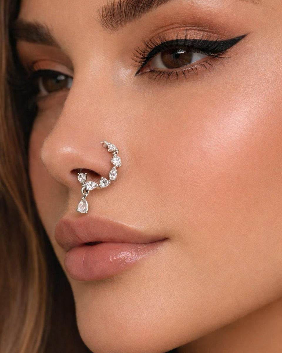 Teardrop AD CZ Nose Ring | Non Piercing Nose Ring | Indian Bridal Nath | Silver and Gold Plated Bridal Nose Ring | Minimal Elegant Nose Ring