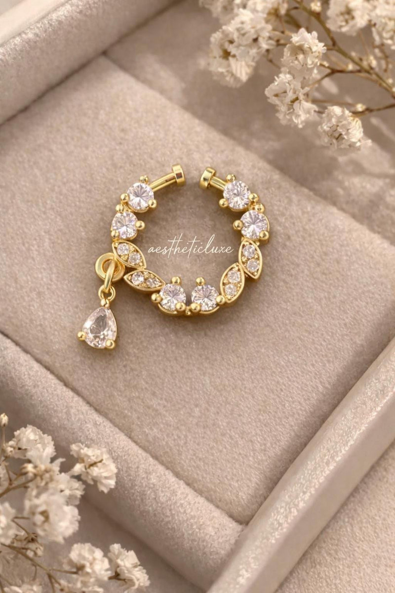 Teardrop AD CZ Nose Ring | Non Piercing Nose Ring | Indian Bridal Nath | Silver and Gold Plated Bridal Nose Ring | Minimal Elegant Nose Ring