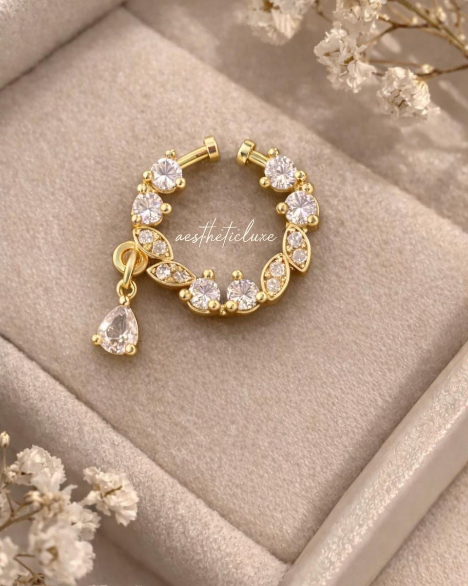 Teardrop AD CZ Nose Ring | Non Piercing Nose Ring | Indian Bridal Nath | Silver and Gold Plated Bridal Nose Ring | Minimal Elegant Nose Ring