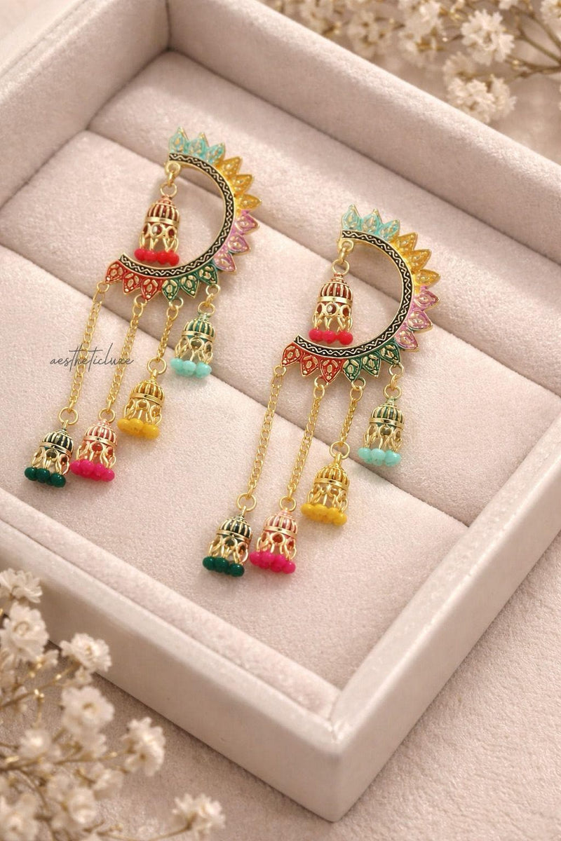 Kashmiri Jhumka Earrings | Sangeet & Bridal Gold Plated Dangler | Multicolor Jhumka Statement Earrings  | Long Colorful Earrings