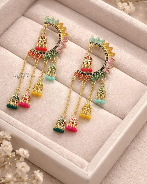 Kashmiri Jhumka Earrings | Sangeet & Bridal Gold Plated Dangler | Multicolor Jhumka Statement Earrings  | Long Colorful Earrings
