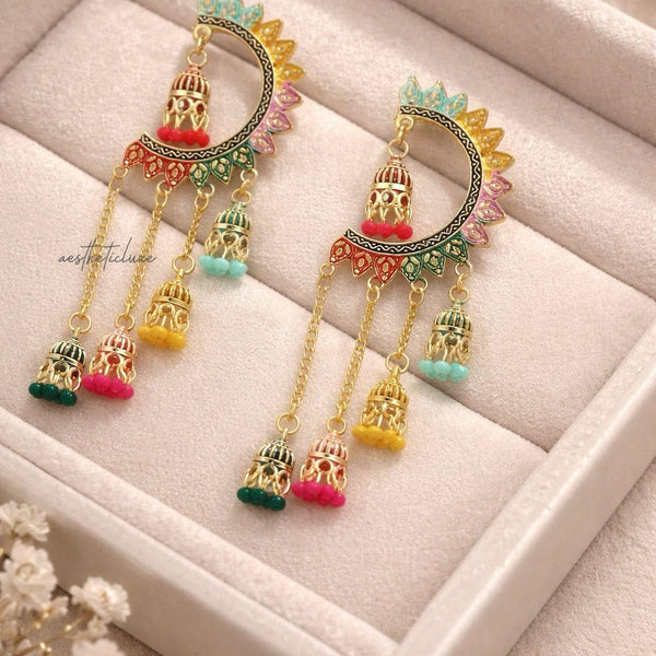 Kashmiri Jhumka Earrings | Sangeet & Bridal Gold Plated Dangler | Multicolor Jhumka Statement Earrings  | Long Colorful Earrings