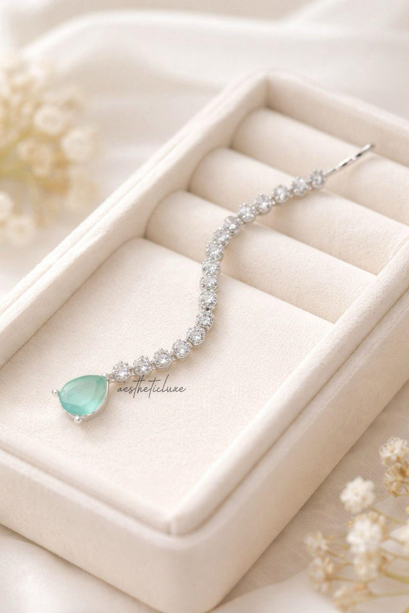 Silver Plated CZ Drop Maang Tikka | Mint Green Zircon Indian Bridal Forehead Jewelry | Minimal Silver Maang Tikka | Traditional Tikka