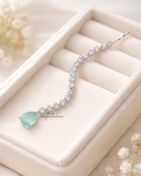 Silver Plated CZ Drop Maang Tikka | Mint Green Zircon Indian Bridal Forehead Jewelry | Minimal Silver Maang Tikka | Traditional Tikka