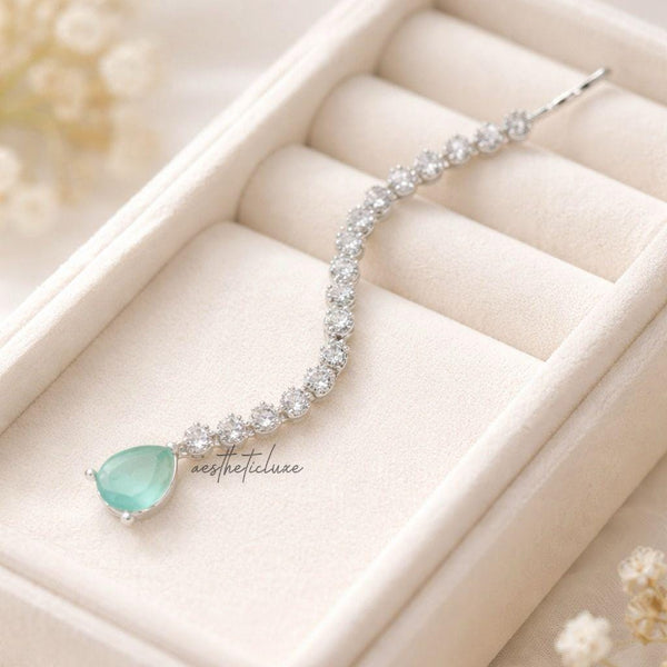 Silver Plated CZ Drop Maang Tikka | Mint Green Zircon Indian Bridal Forehead Jewelry | Minimal Silver Maang Tikka | Traditional Tikka