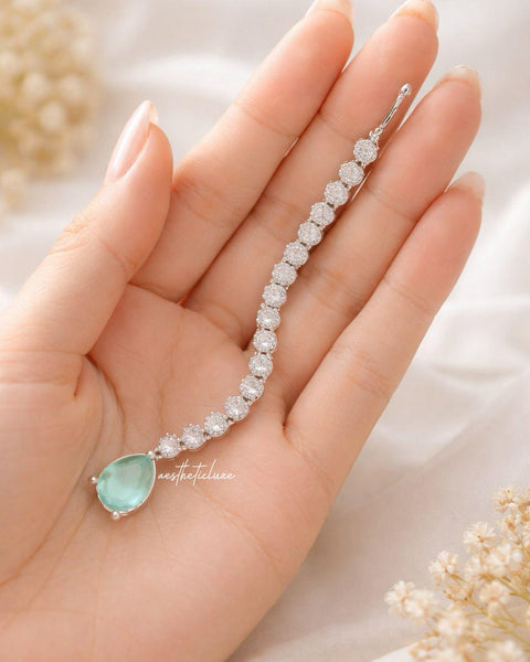 Silver Plated CZ Drop Maang Tikka | Mint Green Zircon Indian Bridal Forehead Jewelry | Minimal Silver Maang Tikka | Traditional Tikka