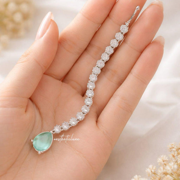 Silver Plated CZ Drop Maang Tikka | Mint Green Zircon Indian Bridal Forehead Jewelry | Minimal Silver Maang Tikka | Traditional Tikka