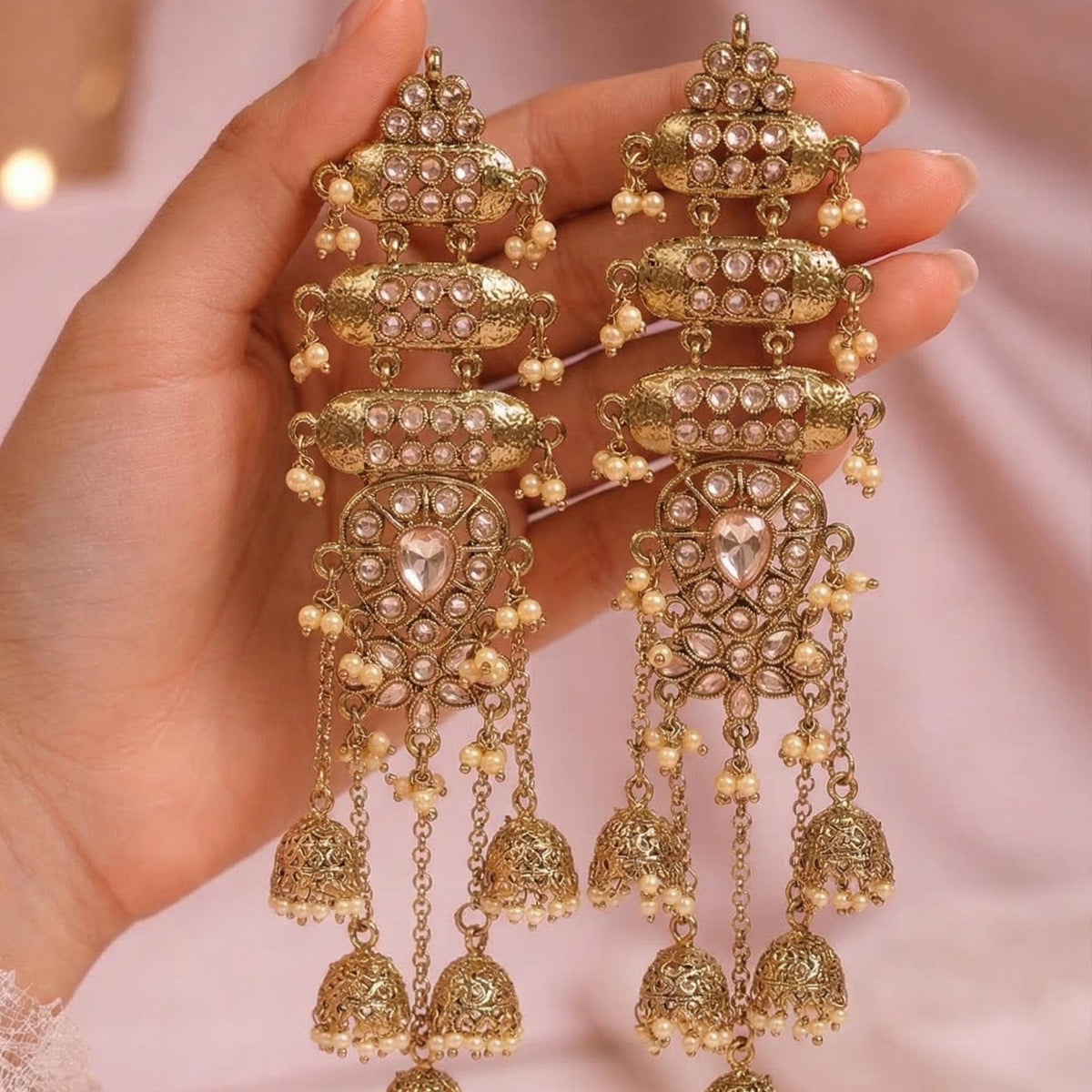 Gold Mehndi Plated Kundan Jhumkas | Long Bridal Indian Earrings | Champagne Kashmiri Jhumka | Statement Earrings for Mehndi & Sangeet