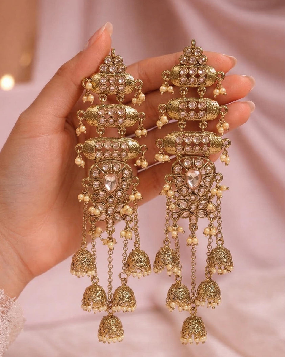 Gold Mehndi Plated Kundan Jhumkas | Long Bridal Indian Earrings | Champagne Kashmiri Jhumka | Statement Earrings for Mehndi & Sangeet