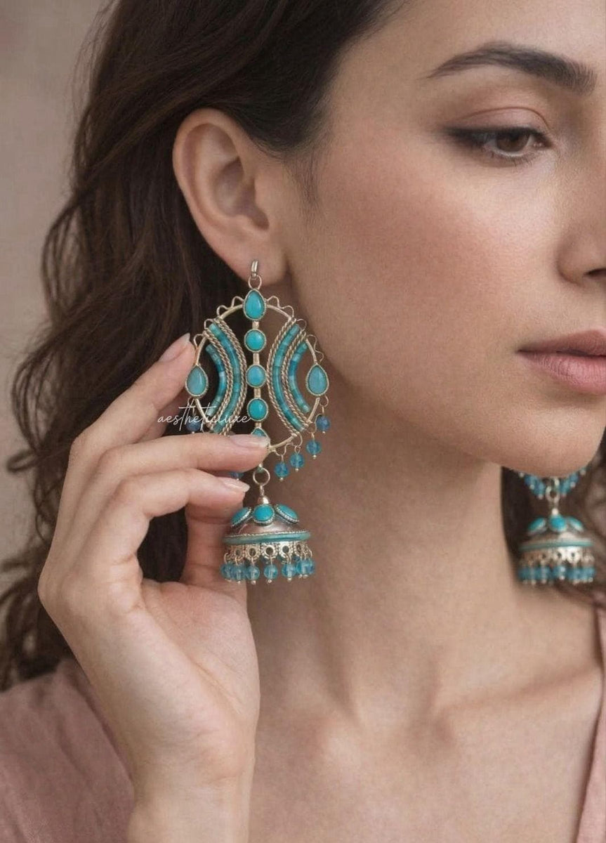 Turquoise Jhumka Earrings | Boho Indian Earrings | Afghan Turkish Style | Ethnic Statement Jewelry | Maula Mere Earrings | Celeb Inspired