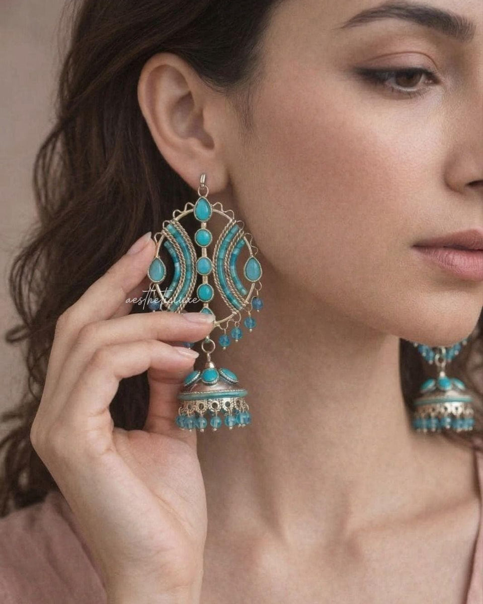 Turquoise Jhumka Earrings | Boho Indian Earrings | Afghan Turkish Style | Ethnic Statement Jewelry | Maula Mere Earrings | Celeb Inspired