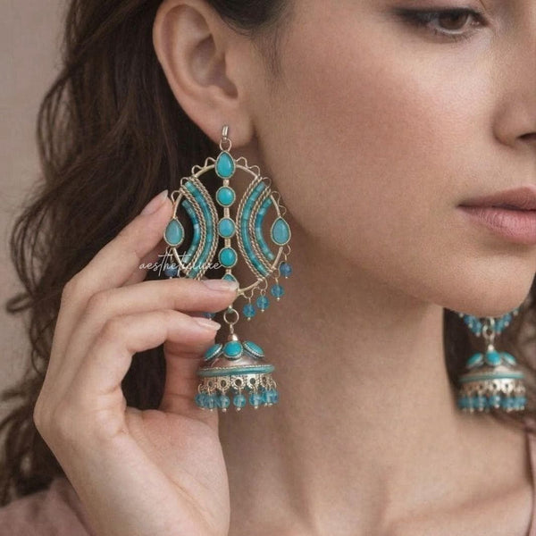 Turquoise Jhumka Earrings | Boho Indian Earrings | Afghan Turkish Style | Ethnic Statement Jewelry | Maula Mere Earrings | Celeb Inspired