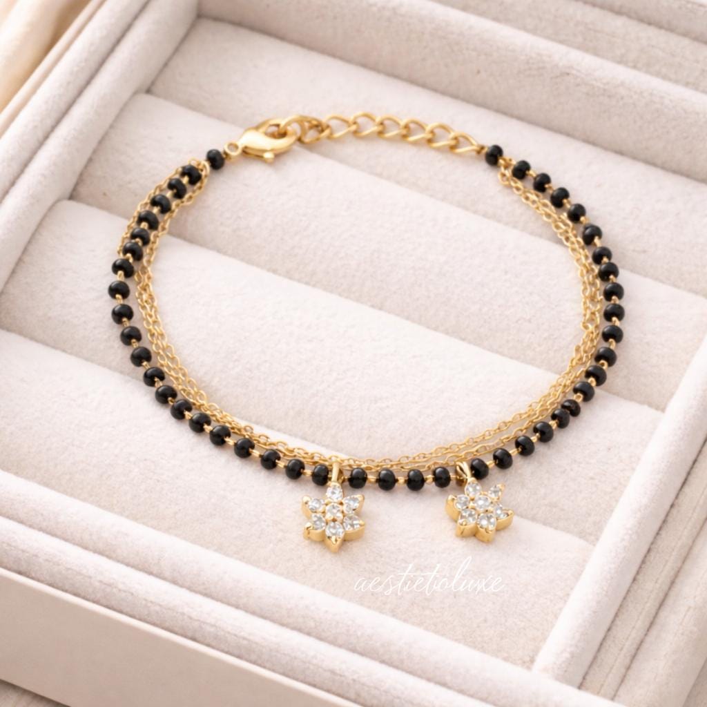 Gold Plated Mangalsutra Bracelet | Black Bead Gold Bracelet with Zirconia Drops | Modern Minimal Mangalsutra | Gift for Wife