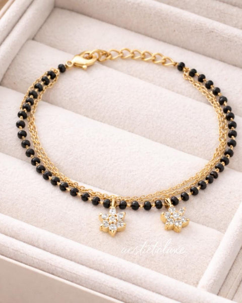Gold Plated Mangalsutra Bracelet | Black Bead Gold Bracelet with Zirconia Drops | Modern Minimal Mangalsutra | Gift for Wife