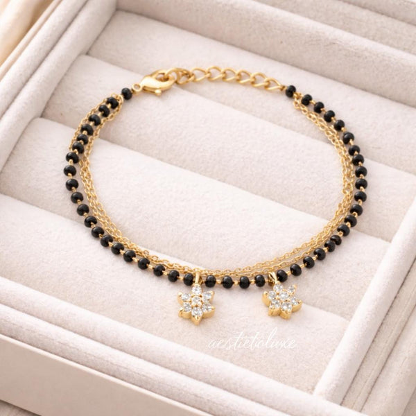 Gold Plated Mangalsutra Bracelet | Black Bead Gold Bracelet with Zirconia Drops | Modern Minimal Mangalsutra | Gift for Wife