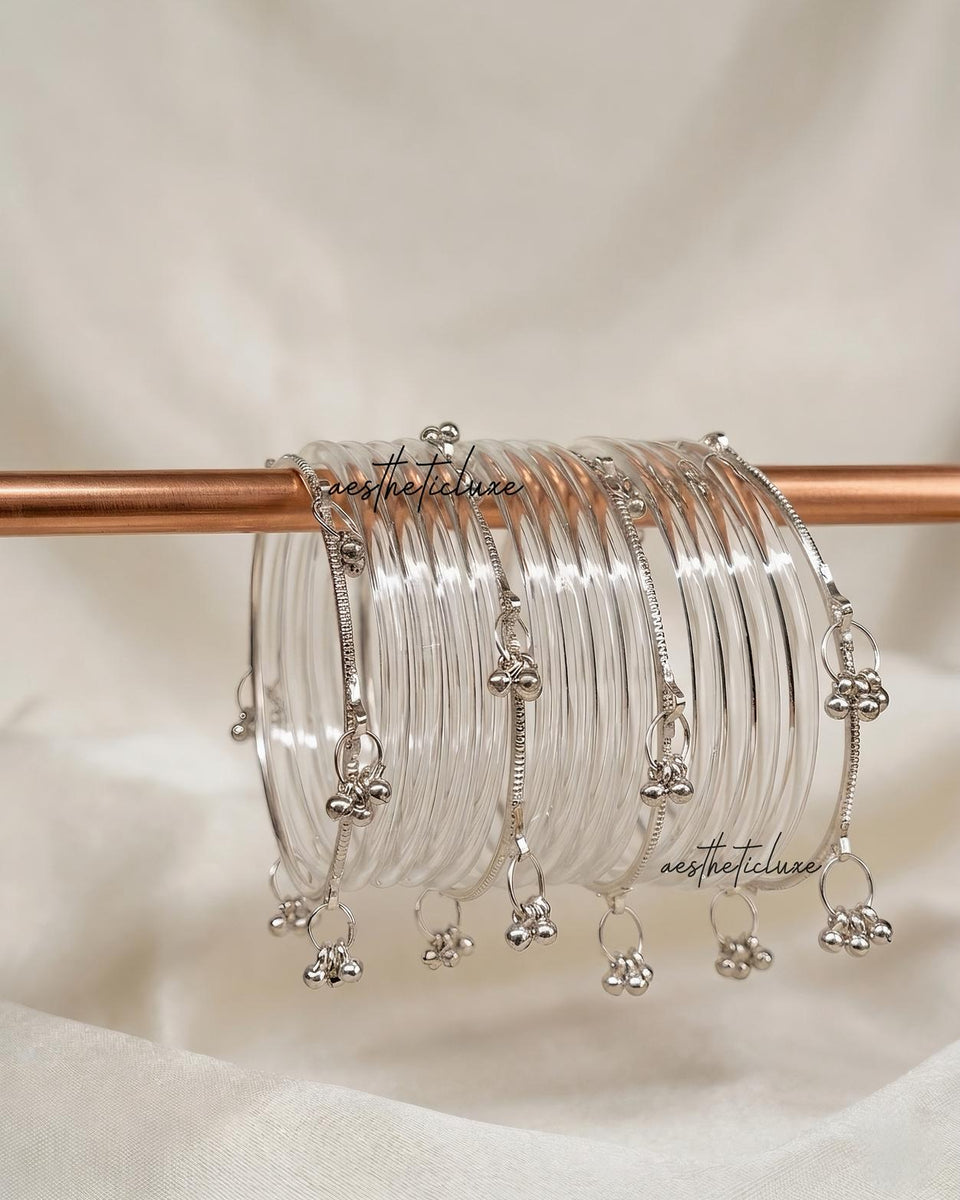 Jelly Glass Bangles Set | Transparent Jelly Glass Bangles Set | Kashmiri Silver Ghungroo Bangles | Glass Bridal Bangles  | Clear Bangles Set