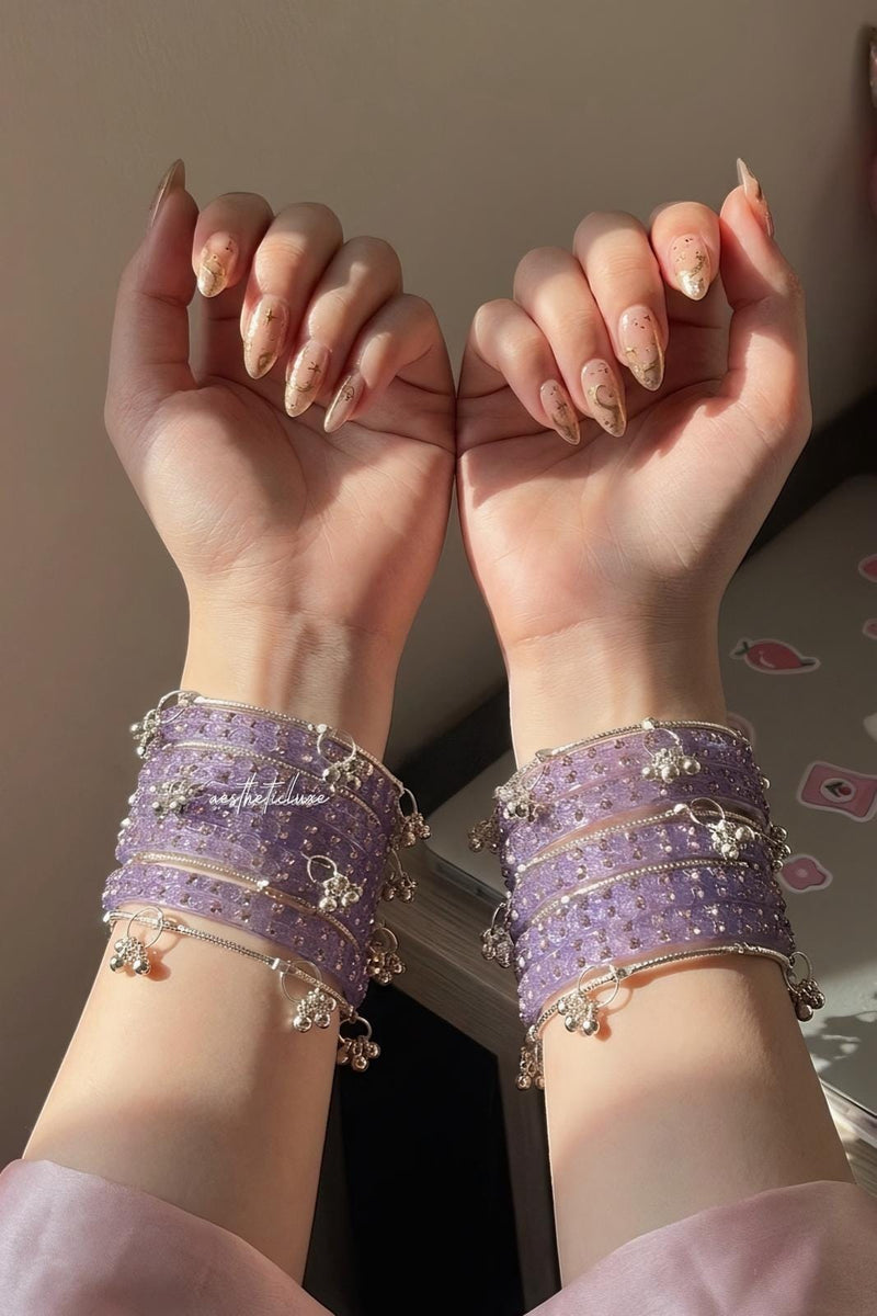 Lavender Glass Bangles Set | Kashmiri Gold & Silver Ghungroo Bangles  | Purple Glass Bridal Bangles | Rose Pattern Raindrop Bangle