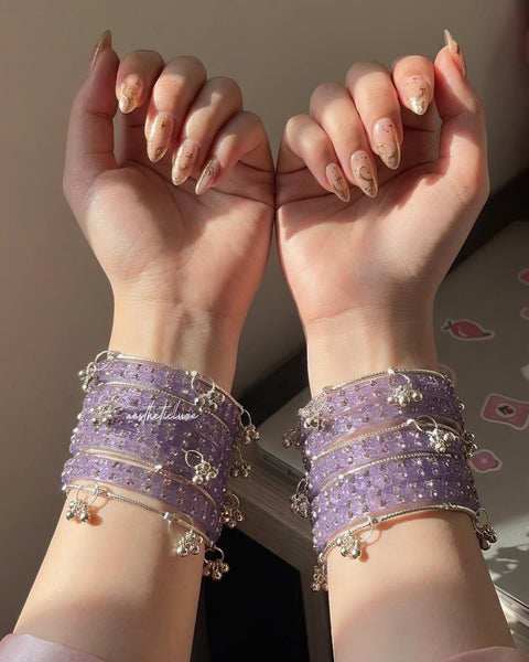 Lavender Glass Bangles Set | Kashmiri Gold & Silver Ghungroo Bangles  | Purple Glass Bridal Bangles | Rose Pattern Raindrop Bangle