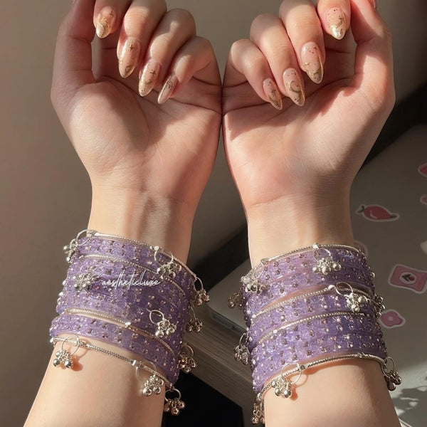 Lavender Glass Bangles Set | Kashmiri Gold & Silver Ghungroo Bangles  | Purple Glass Bridal Bangles | Rose Pattern Raindrop Bangle