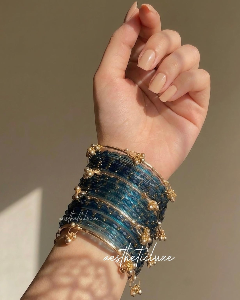 Dark Blue Kashmiri Ghungroo Bangles Set | Ghungroo Gold Bangles | Blue Glass Bridal Churiya |  Trending Raindrop Bangles