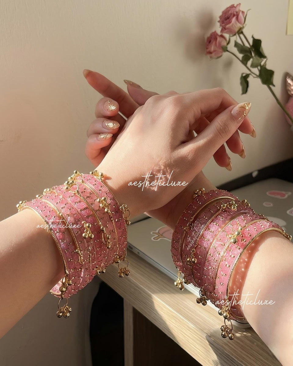 Pink Kashmiri Ghungroo Bangles Set | Ghungroo Gold Bangles | Pink Glass Bridal Churiya |  Trending Bangles With Rose Pattern Detailing