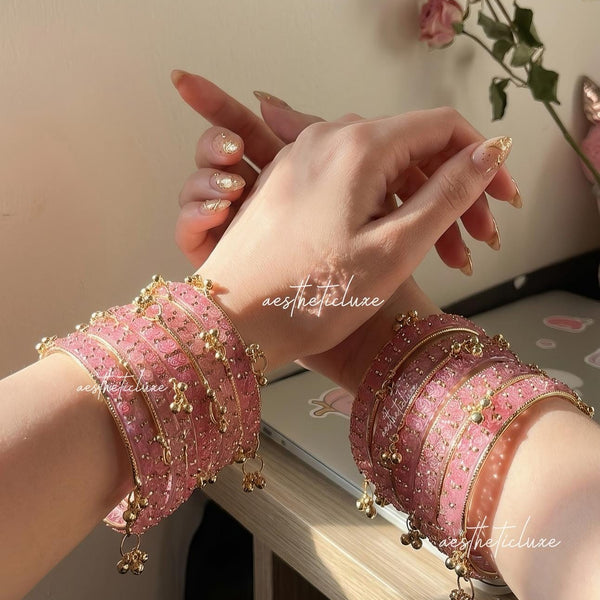 Pink Kashmiri Ghungroo Bangles Set | Ghungroo Gold Bangles | Pink Glass Bridal Churiya |  Trending Bangles With Rose Pattern Detailing