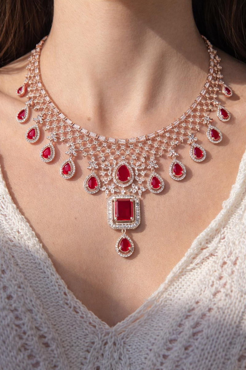 24K Rose Gold Ruby Zircon Set With Tikka