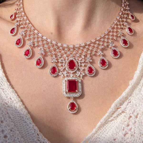 24K Rose Gold Ruby Zircon Set With Tikka