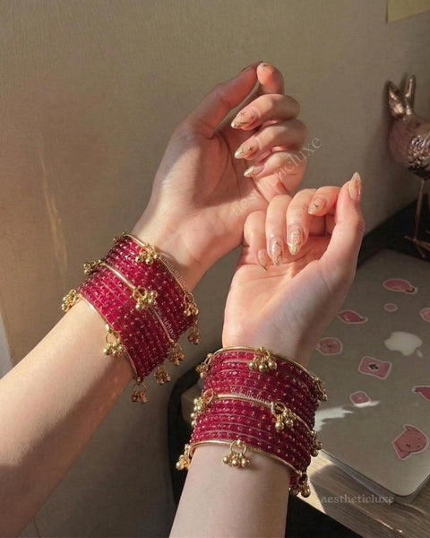 Red Kashmiri Raindrop and Ghungroo Bangles Set | Trending Bangles With Raindrop Pattern | Red Glass Bridal Churiya | Ghungroo Gold Bangles