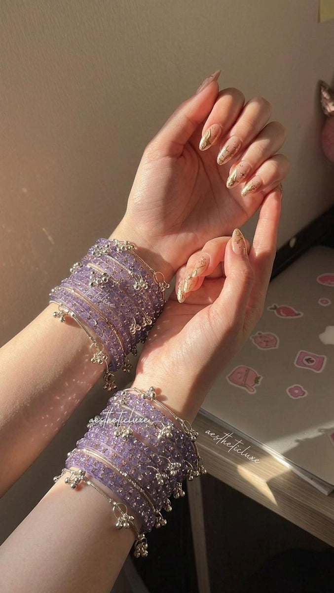 Lavender Glass Bangles Set | Kashmiri Gold & Silver Ghungroo Bangles  | Purple Glass Bridal Bangles | Rose Pattern Raindrop Bangle