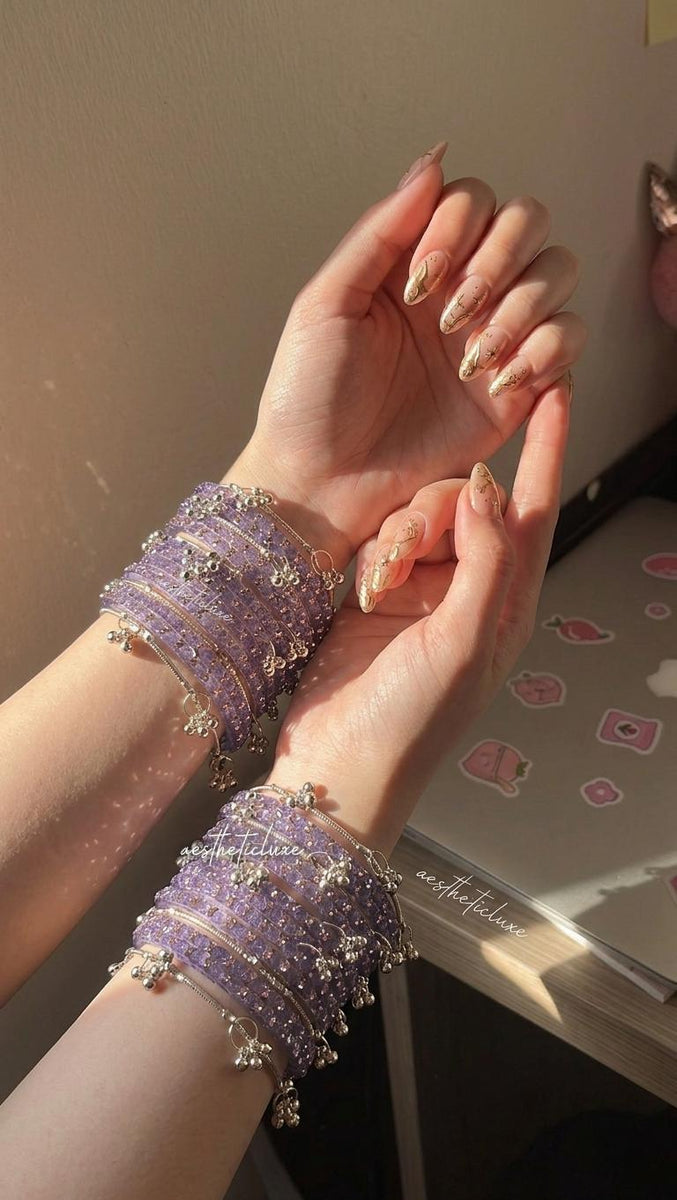 Lavender Glass Bangles Set | Kashmiri Gold & Silver Ghungroo Bangles  | Purple Glass Bridal Bangles | Rose Pattern Raindrop Bangle