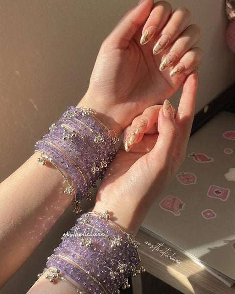 Lavender Glass Bangles Set | Kashmiri Gold & Silver Ghungroo Bangles  | Purple Glass Bridal Bangles | Rose Pattern Raindrop Bangle