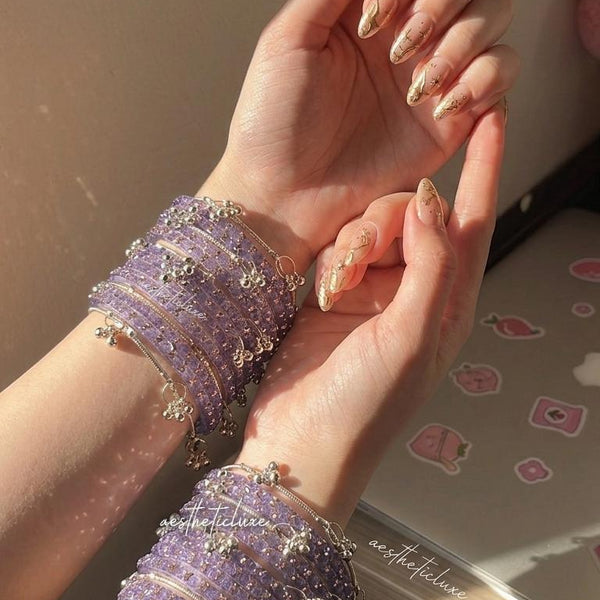 Lavender Glass Bangles Set | Kashmiri Gold & Silver Ghungroo Bangles  | Purple Glass Bridal Bangles | Rose Pattern Raindrop Bangle