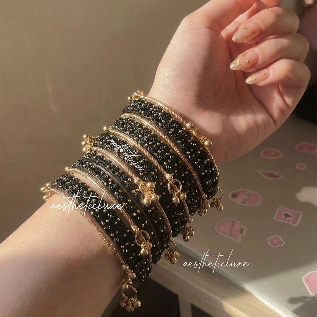 Black Rose Kashmiri Ghungroo Bangles Set | Ghungroo Gold Bangles | Black Glass Bridal Churiya |  Trending Bangles With Rose Pattern