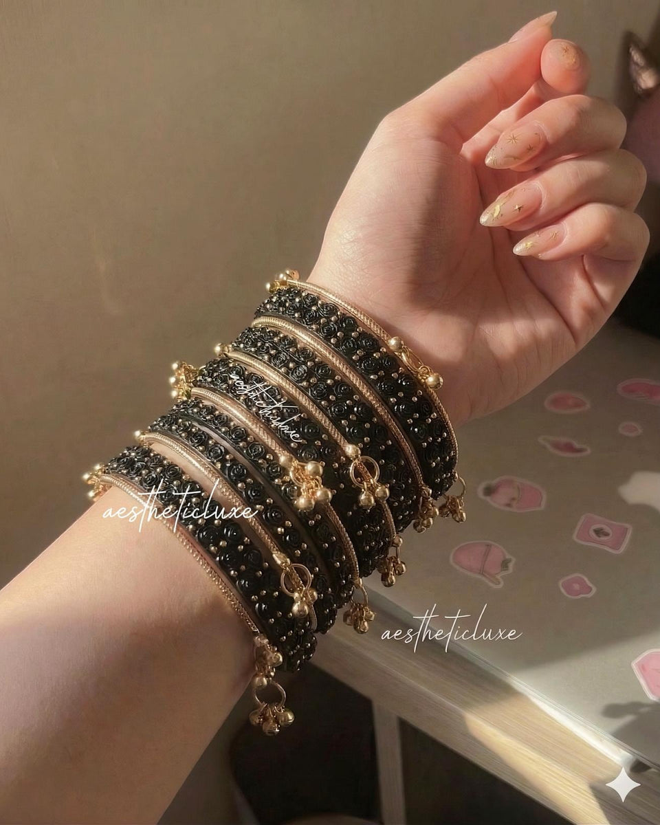 Black Rose Kashmiri Ghungroo Bangles Set | Ghungroo Gold Bangles | Black Glass Bridal Churiya |  Trending Bangles With Rose Pattern