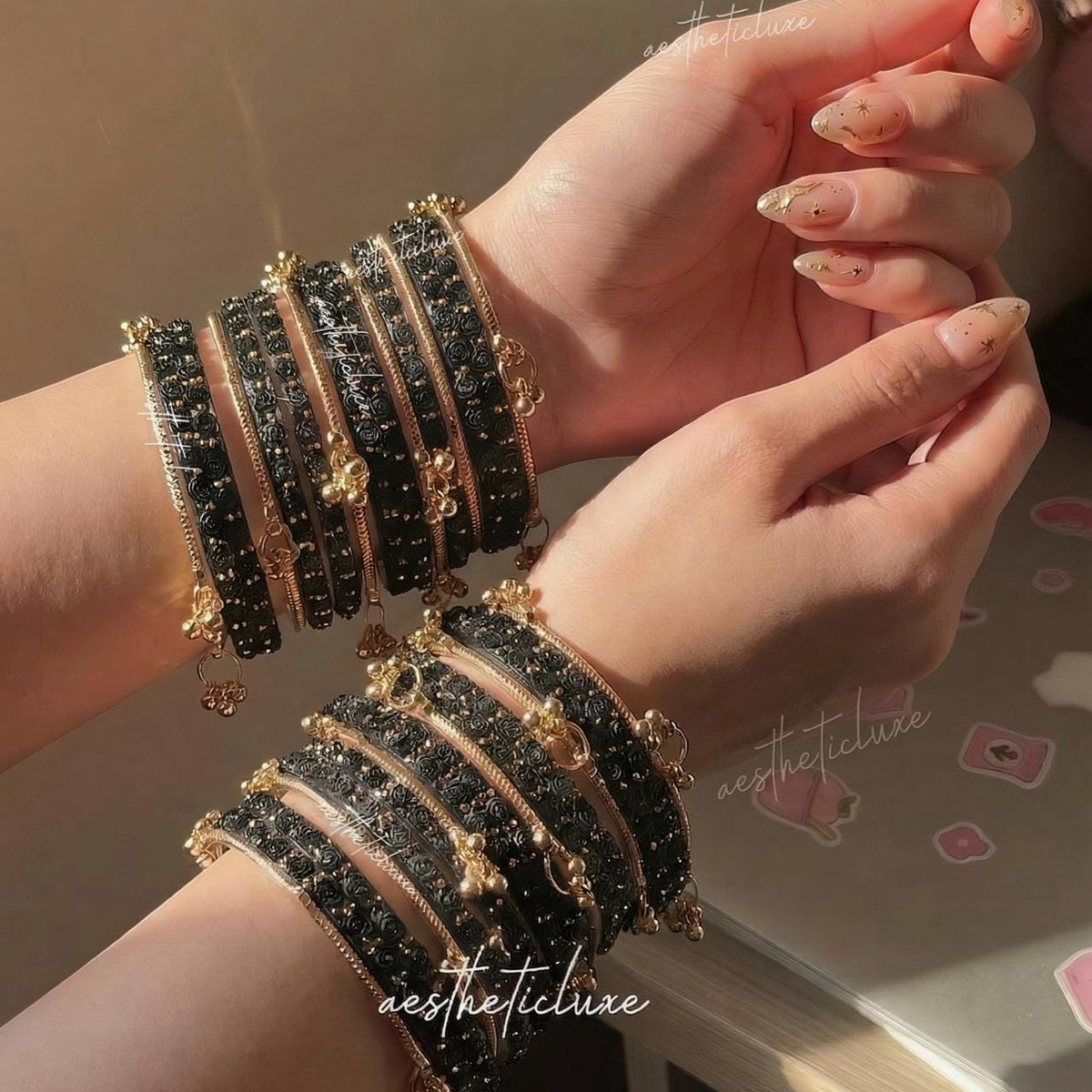 Black Rose Kashmiri Ghungroo Bangles Set | Ghungroo Gold Bangles | Black Glass Bridal Churiya |  Trending Bangles With Rose Pattern