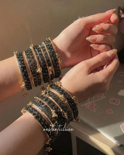 Black Rose Kashmiri Ghungroo Bangles Set | Ghungroo Gold Bangles | Black Glass Bridal Churiya |  Trending Bangles With Rose Pattern