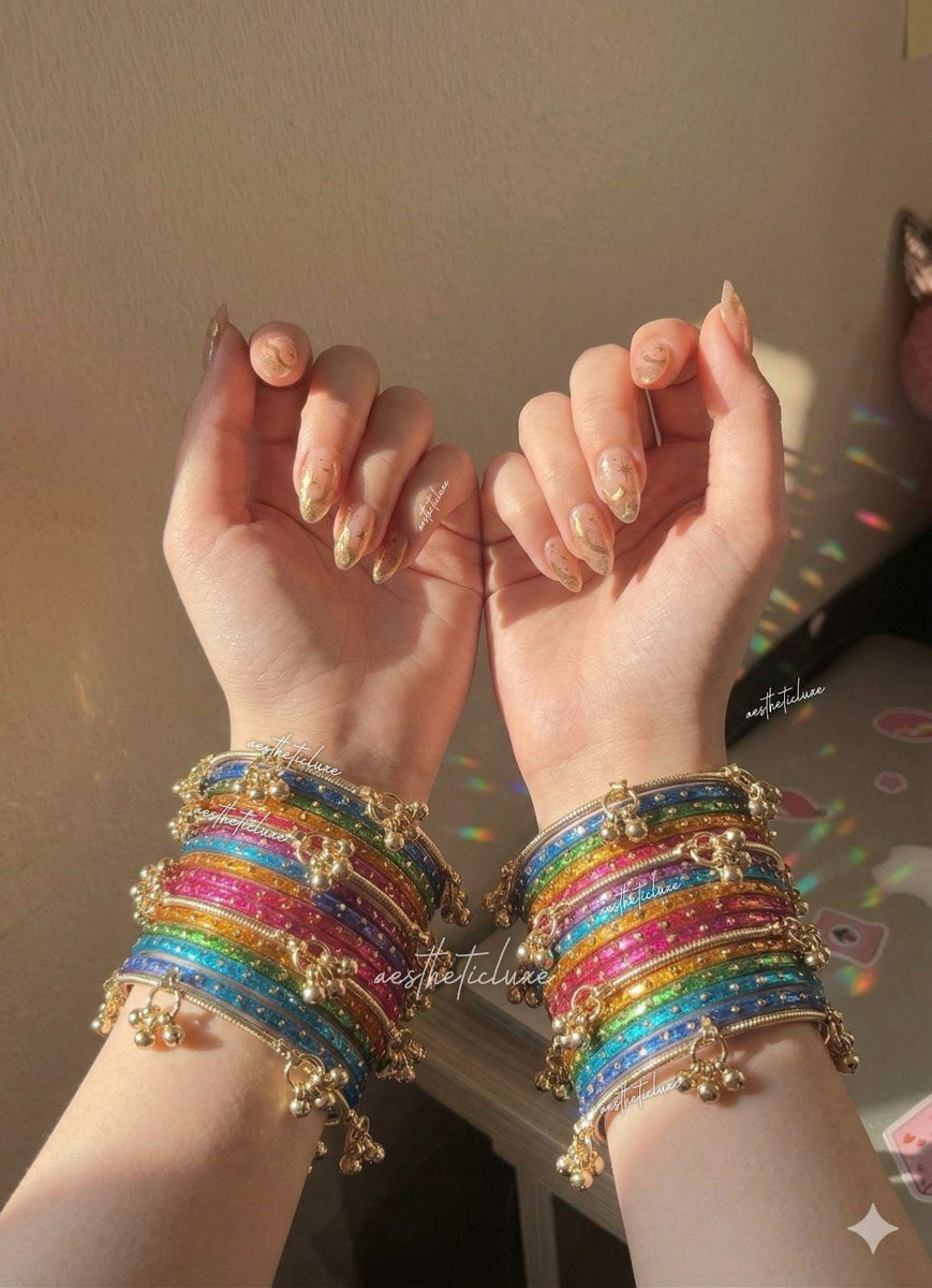 Multicolor Kashmiri Ghungroo Bangles Set | Ghungroo Gold Bangles | Rainbow Glass Bridal Churiya | Trending Raindrop Bangles
