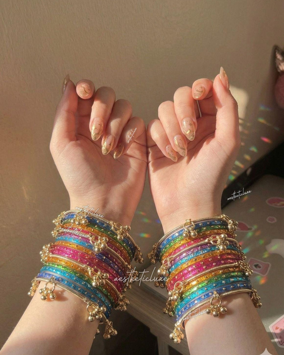 Multicolor Kashmiri Ghungroo Bangles Set | Ghungroo Gold Bangles | Rainbow Glass Bridal Churiya | Trending Raindrop Bangles