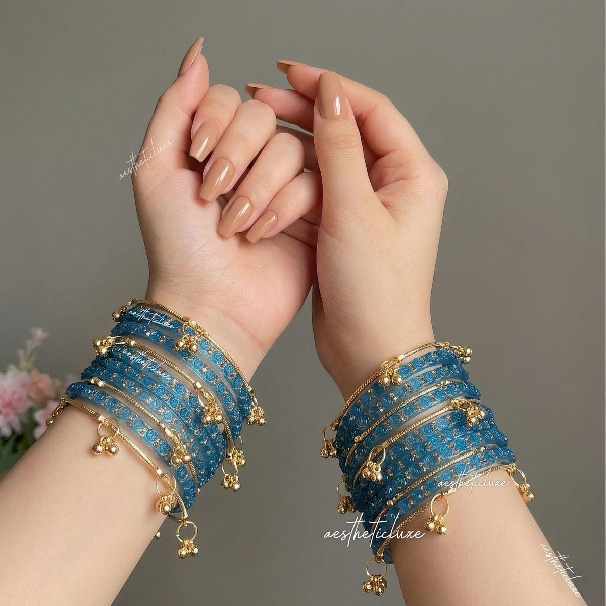 Blue Rose Kashmiri Ghungroo Bangles Set | Ghungroo Gold Bangles | Blue Glass Bridal Churiya |  Trending Bangles With Rose Pattern Detailing