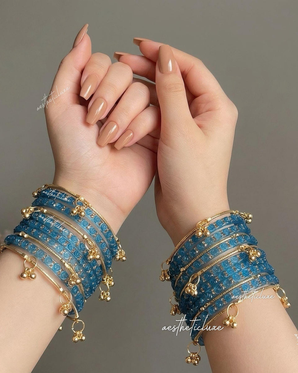 Blue Rose Kashmiri Ghungroo Bangles Set | Ghungroo Gold Bangles | Blue Glass Bridal Churiya |  Trending Bangles With Rose Pattern Detailing