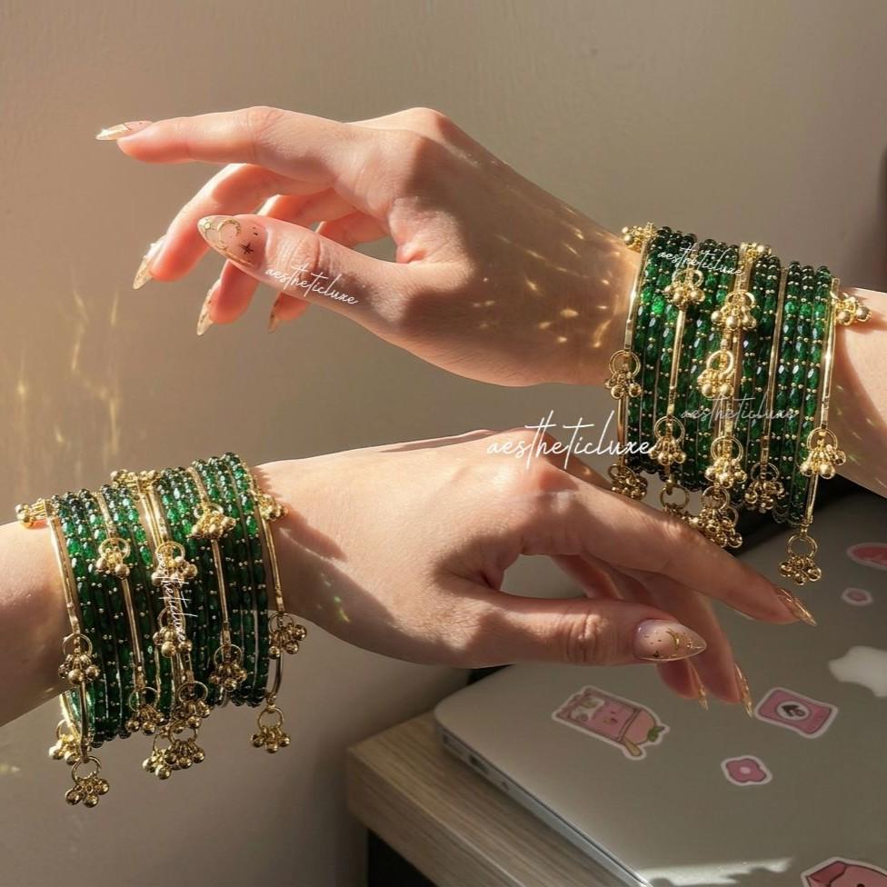 Green Kashmiri Ghungroo Bangles Set | Mehndi & Sangeet Bridal Churiya | Gold Ghungroo Bangles | Trending Green Glass Raindrop Bangles