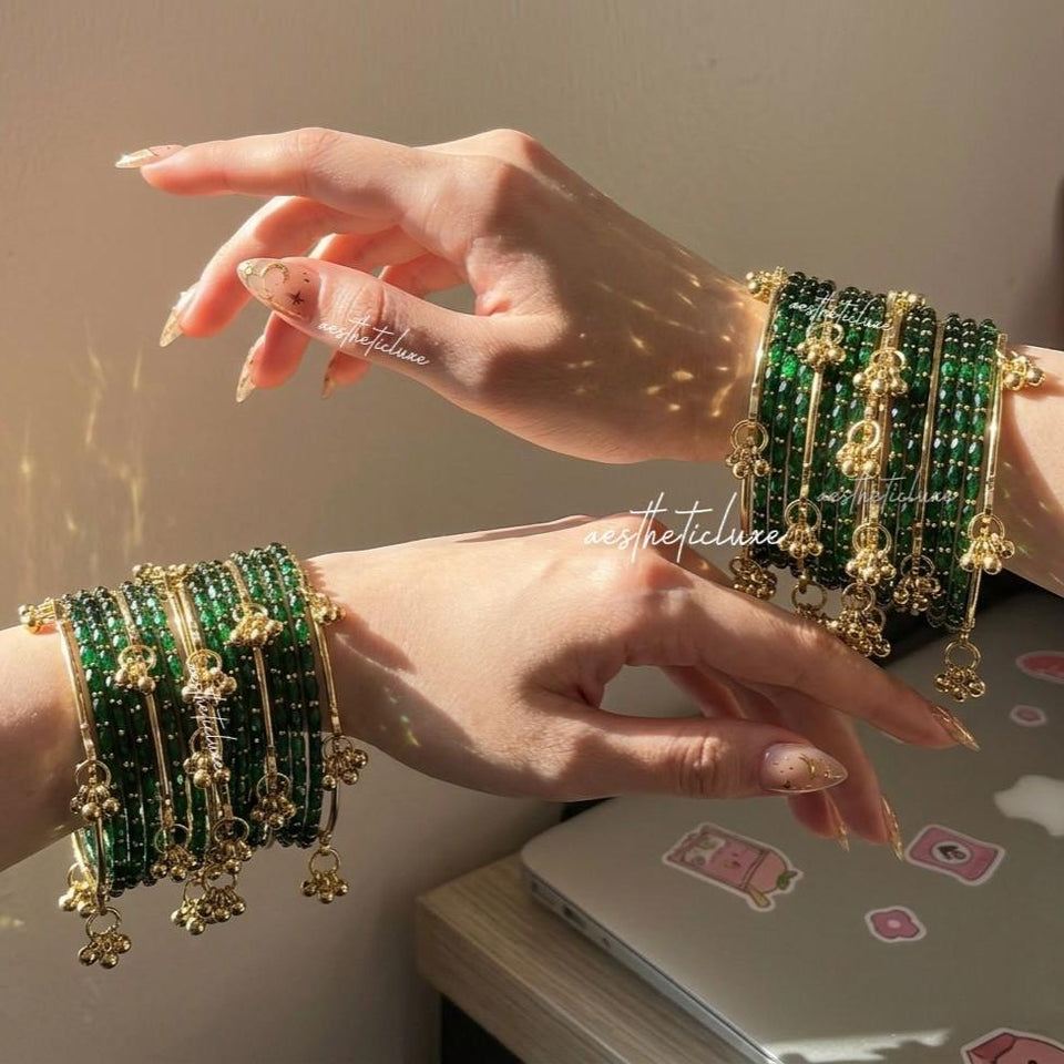 Green Kashmiri Ghungroo Bangles Set | Mehndi & Sangeet Bridal Churiya | Gold Ghungroo Bangles | Trending Green Glass Raindrop Bangles