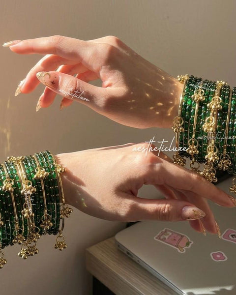 Green Kashmiri Ghungroo Bangles Set | Mehndi & Sangeet Bridal Churiya | Gold Ghungroo Bangles | Trending Green Glass Raindrop Bangles